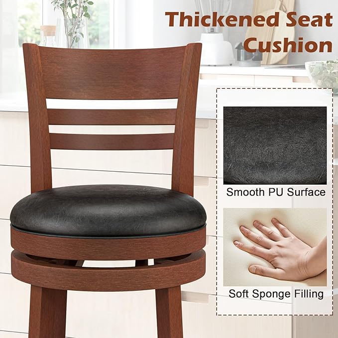 COSTWAY Bar Stools, 360-Degree Swivel Bar Chairs with PU Upholstered Seats, Solid Rubber Wood Backrests, Footrests & Legs, Bar Height Stools with Backs for Kitchen, Bar, Brown (4)
