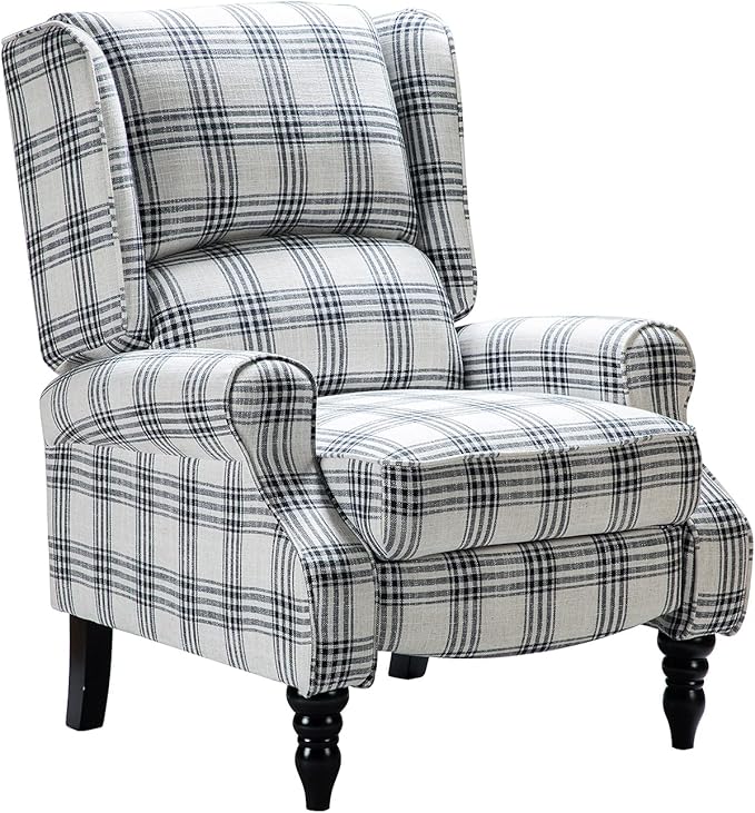 HULALA HOME Upholstered Wingback Recliner Chair, Small Adjustable Footrest Push Back Single Reclining Sofa, Mid Century Modern Lounge Armchair for Living Room, Bedroom, Reading/Plaid Black