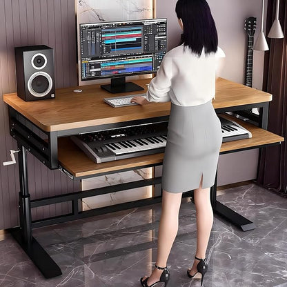 Studio Desk with Keyboard Tray | Hand-Crank Adjustable Standing Desk Workstation for Music Production, Cable Management, MIDI Keyboard Shelf (White, 62in)