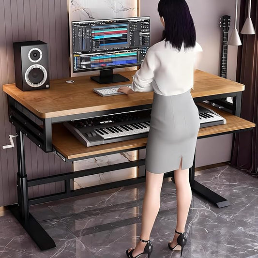Studio Desk with Keyboard Tray | Hand-Crank Adjustable Standing Desk Workstation for Music Production, Cable Management, MIDI Keyboard Shelf (Black, 70in)