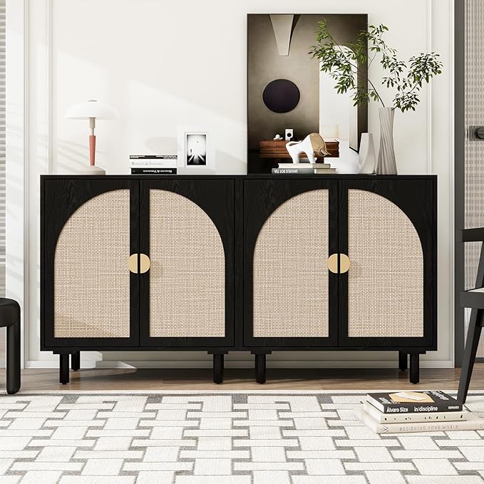 Black Sideboard Cabinet with 2 Rattan Doors, Rattan Buffet Cabinet with Adjustable Shelves & Pine Legs, Boho Sideboard Buffet for Living Room, Kitchen, Entryway (Black,2 PCS)