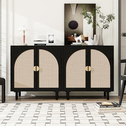 Black Sideboard Cabinet with 2 Rattan Doors, Rattan Buffet Cabinet with Adjustable Shelves & Pine Legs, Boho Sideboard Buffet for Living Room, Kitchen, Entryway (Black,2 PCS)