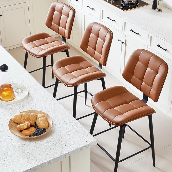 Mid Century Modern Bar Stools Set of 3 for Kitchen Island,Upholstered Brown Faux Leather Counter Height stools,26 Inch Counter stools with Walnut Grain Back