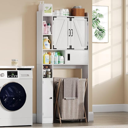 ChooChoo Over The Toilet Storage Cabinet, Farmhouse Bathroom Shelf Over Toilet with Adjustable Shelves, Above Toilet Storage Cabinet with Sliding Door for Bathroom, Laundry Room, White