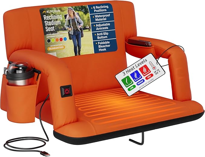 Alpcour Heated Reclining Stadium Seat for Bleachers – Wide Bleacher Chair with Back Support and Cushion, Armrests, Side Pockets, & Hook – Stadium Seats Chairs for Camping, Kayak, Paddle Board & More