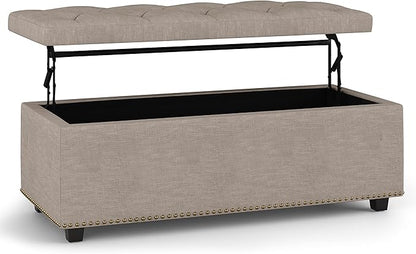 SIMPLIHOME Hamilton 44 inch Wide Traditional Rectangle Lift Top Rectangular Storage Ottoman in Natural Linen Look Fabric, Assembled, For the Living Room, Entryway and Family Room