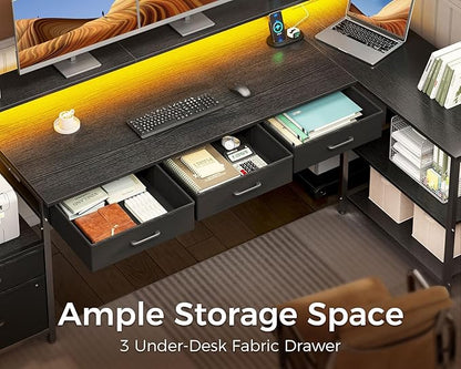 AODK L Shaped Desk with 5 File Drawers, 75" Reversible L Shaped Computer Desk with Power Outlet & LED Strip, Office Desk with Storage Shelves, Gaming Table with Monitor Shelf, Corner Table, Black