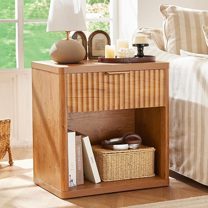 LEYAOYAO Fluted Nightstand with Charging Station, 23" Wide 1 Drawers End Table,Brown Night Stand with Open Storage Cabinet, Farmhouse Bed Side Tables, Wood Dresser for Bedroom, Living Room, Closet