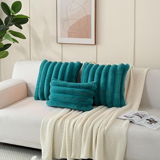 FUTEI Teal Decorative Throw Pillow Covers 20x20 Inch Set of 2, Square Soft Faux Rabbit Fur Thick Striped Cushion Cover,Winter Home Decor for Couch Bed Living Room