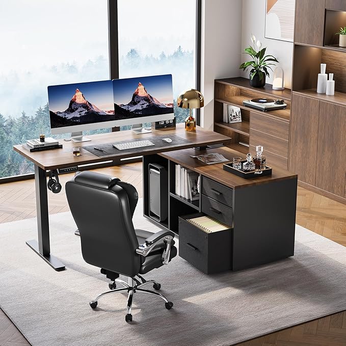 HUANUO L Shaped Standing Desk, Electric Executive Desk with Drawers, Adjustable Height Stand Up Desk, 55″ x 23.6″ One-Whole Piece Desktop, Home Office Computer Desk with 4 Memory Presets, Walnut