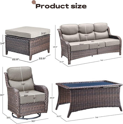 Rilyson Wicker Outdoor Patio Furniture Set - 6 Piece Patio Conversation Sets with Swivel Rocker Chairs, Ottomans, Sofa and Coffee Table, 6 inch Cushions, Deep Seating, for Porch Deck Brown/Beige