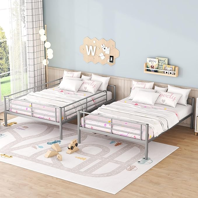 Merax Full Over Full Metal Bunk Bed with Ladder and high Guardrail, Able to Split, Storage Space, No Box Spring Needed, Noise Free, Silver
