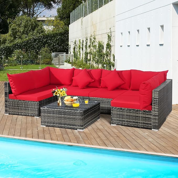 Tangkula 7 Pieces Patio Rattan Furniture Set, Patiojoy Outdoor Conversation Set with Cushions and Tempered Glass Coffee Table, All-Weather Sectional Sofa Set for Garden, Lawn, Backyard (Red)