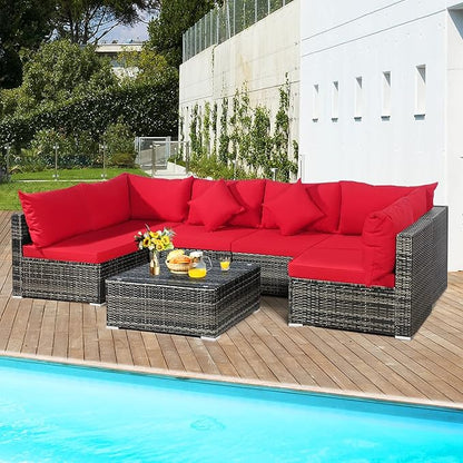 Tangkula 7 Pieces Patio Rattan Furniture Set, Patiojoy Outdoor Conversation Set with Cushions and Tempered Glass Coffee Table, All-Weather Sectional Sofa Set for Garden, Lawn, Backyard (Red)