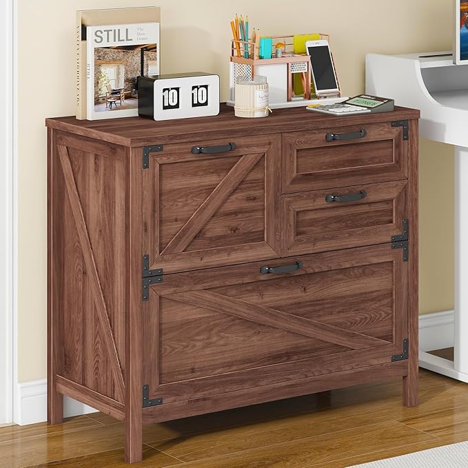 Lateral File Cabinet with 4 Drawers, Farmhouse File Cabinet for Letter/Legal/A4 Size Hanging Files, Large Wood File Storage Cabinets Printer Stand for Home Office Cabinets, Rustic Brown