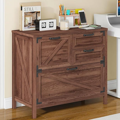Lateral File Cabinet with 4 Drawers, Farmhouse File Cabinet for Letter/Legal/A4 Size Hanging Files, Large Wood File Storage Cabinets Printer Stand for Home Office Cabinets, Rustic Brown