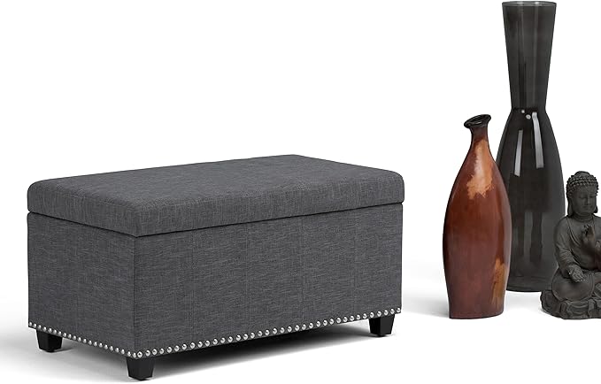 SIMPLIHOME Amelia 33 inch Wide Transitional Rectangle Storage Ottoman Bench in Slate Grey Linen Look Fabric, Assembled, For the Living Room, Entryway and Family Room
