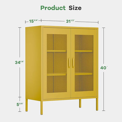 40"H Yellow Metal Cabinet,Locker Storage Cabinet,Bathroom Floor Storage Cabinet,Small Yellow Cabinets with 4 Doors,Freestanding Sideboard,Pantry Food Cabinet for Hallway,Home Office, Kitchen