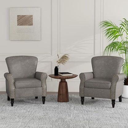 Accent Chair, Mid Century Modern Faux Leather Arm Chair with Wood Leg for Living Room, Bedroom, Comfy PU Leather Club Reading Chairs with Wingback & Nailhead Trim (Leather Grey, Set of 2)