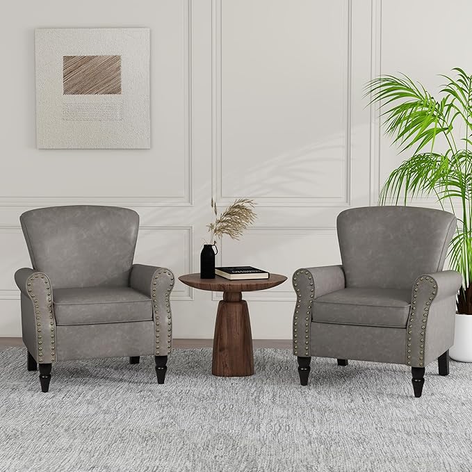 Accent Chair, Mid Century Modern Faux Leather Arm Chair with Wood Leg for Living Room, Bedroom, Comfy PU Leather Club Reading Chairs with Wingback & Nailhead Trim (Leather Grey, Set of 1)