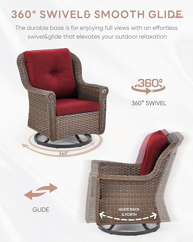 3 Piece Patio Swivel Chairs and Side Table Set - High Back Outdoor Brown Wicker Rattan Rocking Glider with Thick Cushions for Porch Apartment Deck Yard Poolside Garden - Red