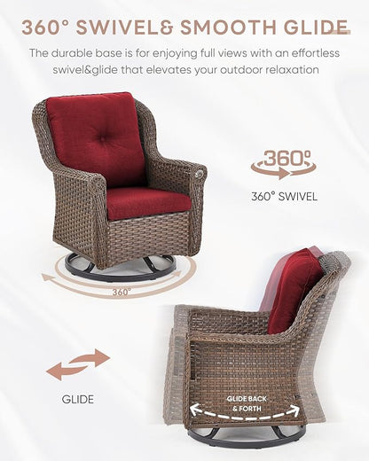 3 Piece Patio Swivel Chairs and Side Table Set - High Back Outdoor Brown Wicker Rattan Rocking Glider with Thick Cushions for Porch Apartment Deck Yard Poolside Garden - Red