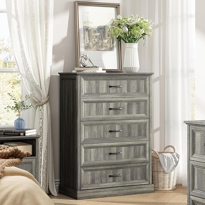 CARPETNAL Farmhouse 5 Drawers Dresser for Bedroom, 44" Tall Grey Dresser Wood Rustic Chest of Drawers with Wide Metal Handle,Natural Texture,Drawer Organizer for Bedroom,Living Room,Hallway