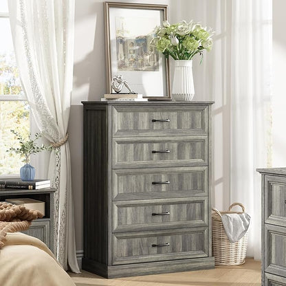 CARPETNAL Farmhouse 5 Drawers Dresser for Bedroom, 44" Tall Grey Dresser Wood Rustic Chest of Drawers with Wide Metal Handle,Natural Texture,Drawer Organizer for Bedroom,Living Room,Hallway
