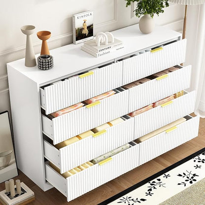 3-Piece Modern Bedroom Furniture Set, Wide 8-Drawer Dresser & 1-Drawer Nightstands Set of 2, Natural Wood Dresser and Nightstand Sets for Bedroom, Hallway, White