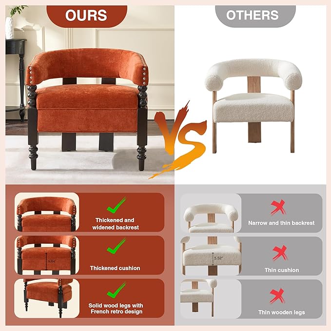 LOULENS Barrel Accent Chair, Vintage Chenille Upholstered Lounge Chair with Solid Wood Legs, Comfy Leisure Side Armchair for Living Room, Bedroom, Reading Nook, Corner, Orange