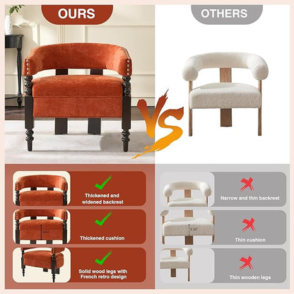LOULENS Barrel Accent Chair, Vintage Chenille Upholstered Lounge Chair with Solid Wood Legs, Comfy Leisure Side Armchair for Living Room, Bedroom, Reading Nook, Corner, Orange