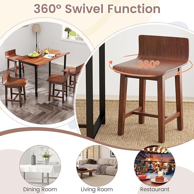 COSTWAY Swivel Solid Wood Dining Stools Set of 4, 19-inch Counter Height Chairs with Low Back, Footrest, Farmhouse Wooden Armless barstools for Kitchen Island, Dining Room, Cafe, Breakfast, Walnut