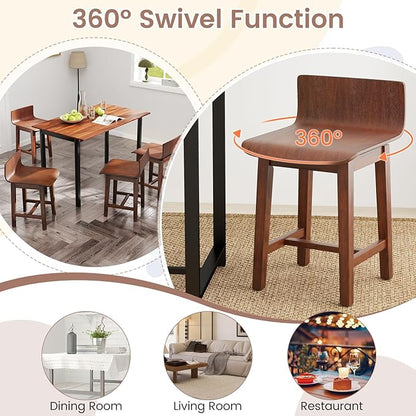 COSTWAY Swivel Solid Wood Dining Stools Set of 4, 19-inch Counter Height Chairs with Low Back, Footrest, Farmhouse Wooden Armless barstools for Kitchen Island, Dining Room, Cafe, Breakfast, Walnut
