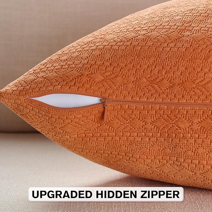 FUTEI Orange Chenille Throw Pillow Covers 18x18 Inch Set of 2,Soft Striped & Diamond Textured Cushion Cases,Modern Home Decor for Couch Living Room