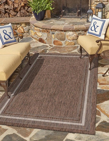 Unique Loom Outdoor Border Collection Area Rug - Soft Border (10' x 13' 1" Rectangle Brown/Ivory)