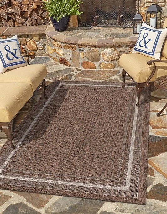 Unique Loom Outdoor Border Collection Area Rug - Soft Border (10' x 13' 1" Rectangle Brown/Ivory)