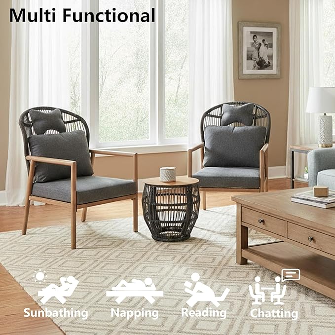 DAYRAUS Living Room Chairs, Accent Chairs Set of 2 with Coffee Table, Rattan Braid Arm Chair, Comfy Reading Lounge Chair, 3 Pieces Living Room Furniture Sets, Bedroom Armchair for Outdoor, Dark Gray