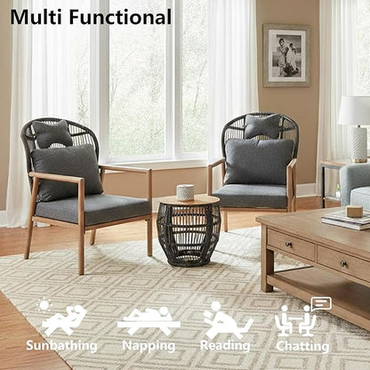 DAYRAUS Living Room Chairs, Accent Chairs Set of 2 with Coffee Table, Rattan Braid Arm Chair, Comfy Reading Lounge Chair, 3 Pieces Living Room Furniture Sets, Bedroom Armchair for Outdoor, Dark Gray