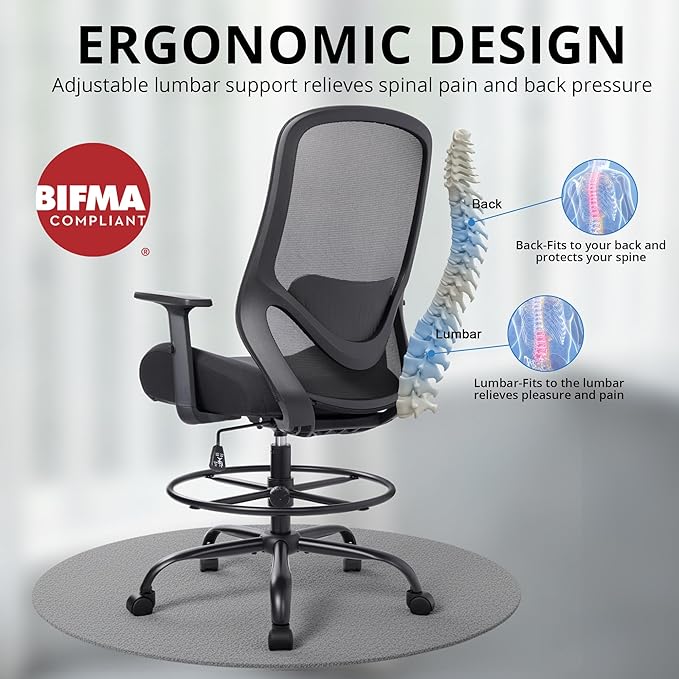 HYLONE 400lbs Drafting Chair,Adjustable High Back Computer Office Chair with Lumbar Support Standing Desk Chair Heavy Duty Big Tall Drafting Stool for Artists with Adjustable Footrest