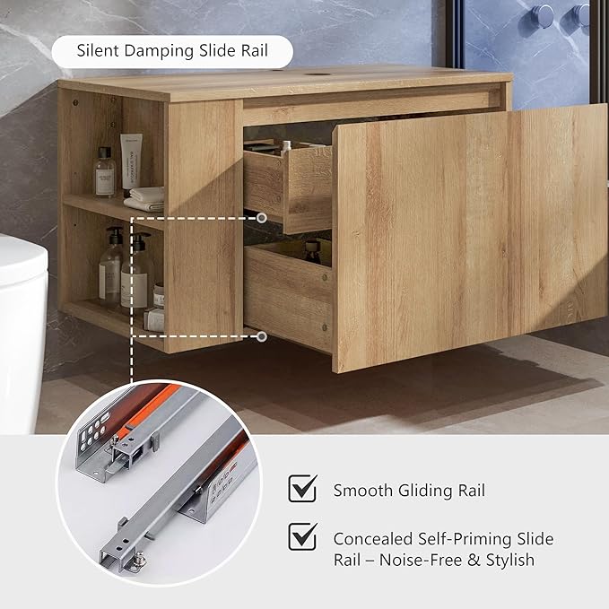 30 Inch Floating Bathroom Vanity with Sink – Wall-Mounted Vanity with Hidden Drawer, Natural Wood Finish, Modern Vessel Sink Vanity for Bathroom(Nature Without Sink, 30")