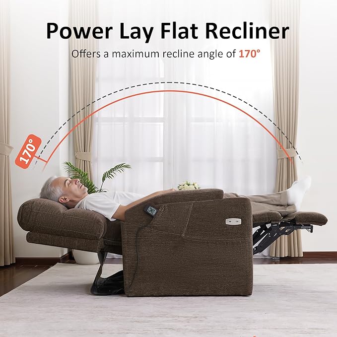 MCombo Lay Flat Dual Motor Power Lift Recliner Chair with Massage & Dual Heating, Arm Storage, Extended Footrest, USB A/C Ports & Cup Holders, Infinite Position for Elderly, Fabric LC002 (Brown)