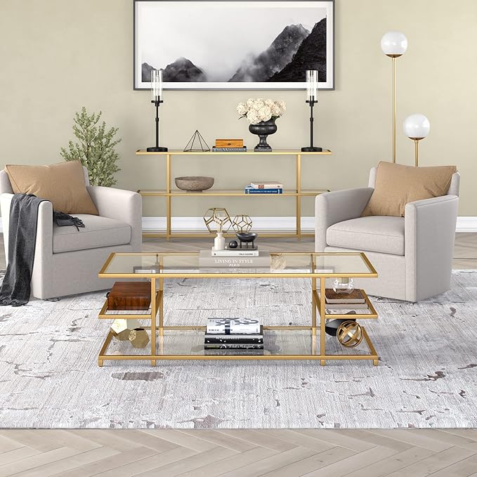 Henn&Hart 54" Wide Rectangular Coffee Table in Brass, for Home, Living Room, Bedroom, Entertainment Room, Office