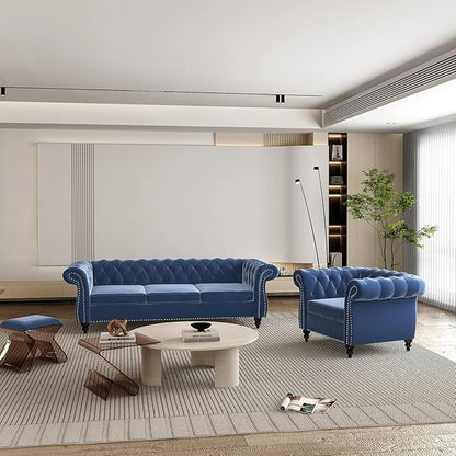 Living Room Chair, Modern Velvet Chesterfield Sofa Chair, Mid Century Single Sofa Couch Chair with Tufted Back and Rolled Arms, Accent Sofa Chair for Living Room Apartment, Blue