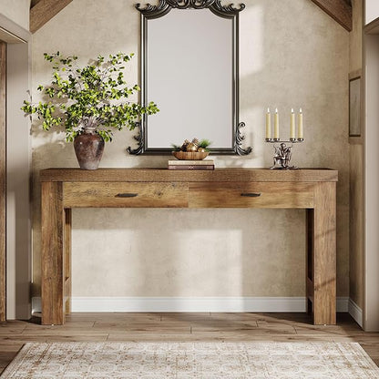 Tribesigns 63" Console Table with 2 Drawers, Farmhouse Entryway Table with H-Shaped Sturdy Legs for Hallway, Living Room, Brown