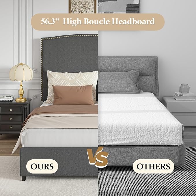 King Size Bed Frame and Headboard, 56" Upholstered Platform Bed with Nailhead Trim, Soft Boucle Fabric, No Box Spring Needed, Easy Assembly, Grey