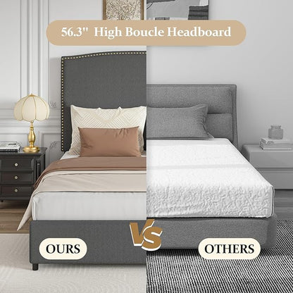 King Size Bed Frame and Headboard, 56" Upholstered Platform Bed with Nailhead Trim, Soft Boucle Fabric, No Box Spring Needed, Easy Assembly, Grey