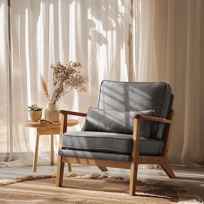 VINGLI Solid Wood Wide Armrests Accent Chair,Upholstered Mid Century Modern Chair with Pillow,Comfy Reading Chair Farmhouse Arm Chair,Chairs Living Room,Bedroom,Guest Room,Linen Fabric,Dark Grey
