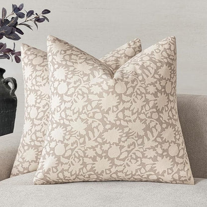 Foindtower Set of 2 Decorative Neutral Floral Throw Pillow Covers Accent Farmhouse Cushion Covers Boho Vintage Pillowcase for Couch Sofa Bedroom Living Room Home Decor,24×24 Inch,Ivory Beige