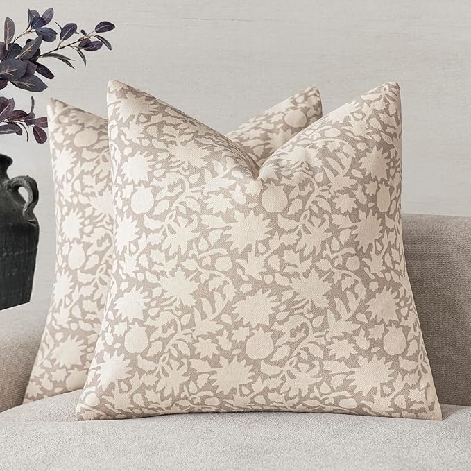 Foindtower Set of 2 Decorative Neutral Floral Throw Pillow Covers Accent Farmhouse Cushion Covers Boho Vintage Pillowcase for Couch Sofa Bedroom Living Room Home Decor,20×20 Inch,Ivory Beige
