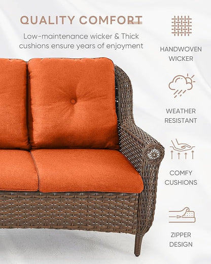 Patio Loveseat Outdoor Wicker Sofa - Heavy Duty All-Weather Brown Rattan 2-Person Sofas with High Back and Comfortable Thick Cushions for Garden Back Porch Poolside Apartment - Orange